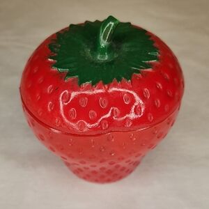 Vintage Strawberry Jam Jar Trinket Dish Lidded Red Green Hazel-Atlas